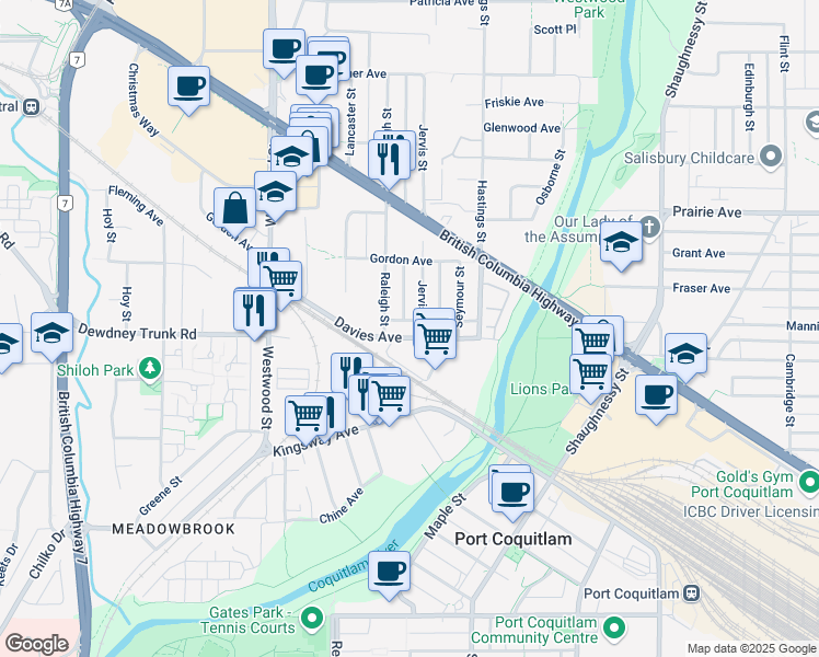 map of restaurants, bars, coffee shops, grocery stores, and more near 2569 Davies Avenue in Port Coquitlam