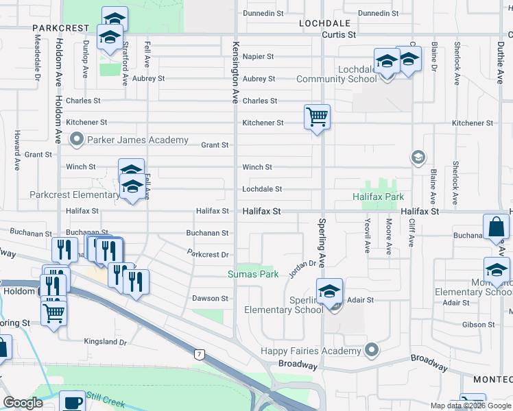 map of restaurants, bars, coffee shops, grocery stores, and more near 6551 Halifax Street in Burnaby