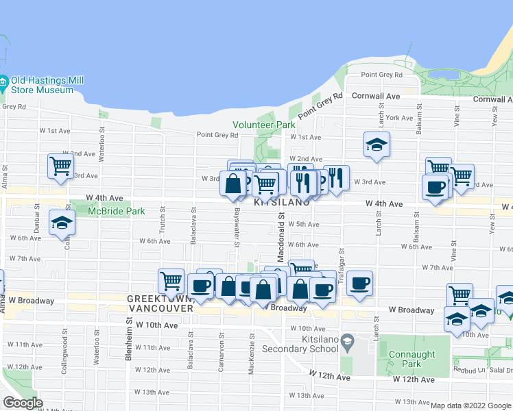map of restaurants, bars, coffee shops, grocery stores, and more near 2880 West 4th Avenue in Vancouver