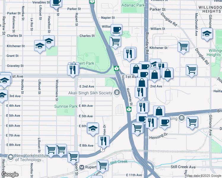 map of restaurants, bars, coffee shops, grocery stores, and more near 1825 Skeena Street in Vancouver
