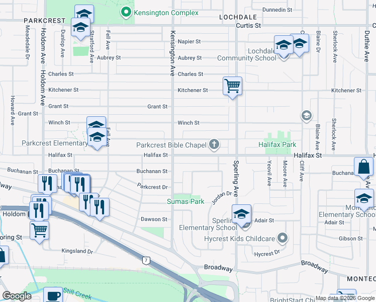 map of restaurants, bars, coffee shops, grocery stores, and more near 6551 Halifax Street in Burnaby