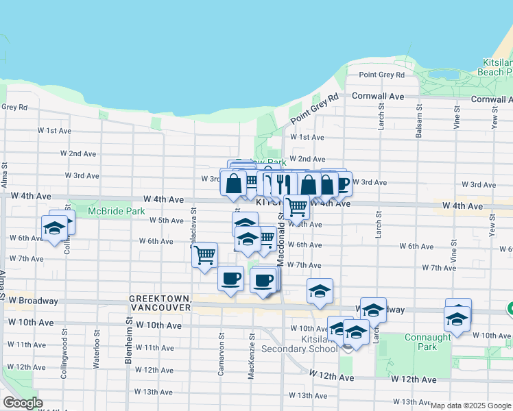 map of restaurants, bars, coffee shops, grocery stores, and more near 2858 West 4th Avenue in Vancouver