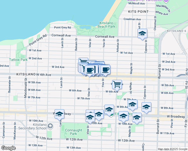map of restaurants, bars, coffee shops, grocery stores, and more near 2255 West 4th Avenue in Vancouver
