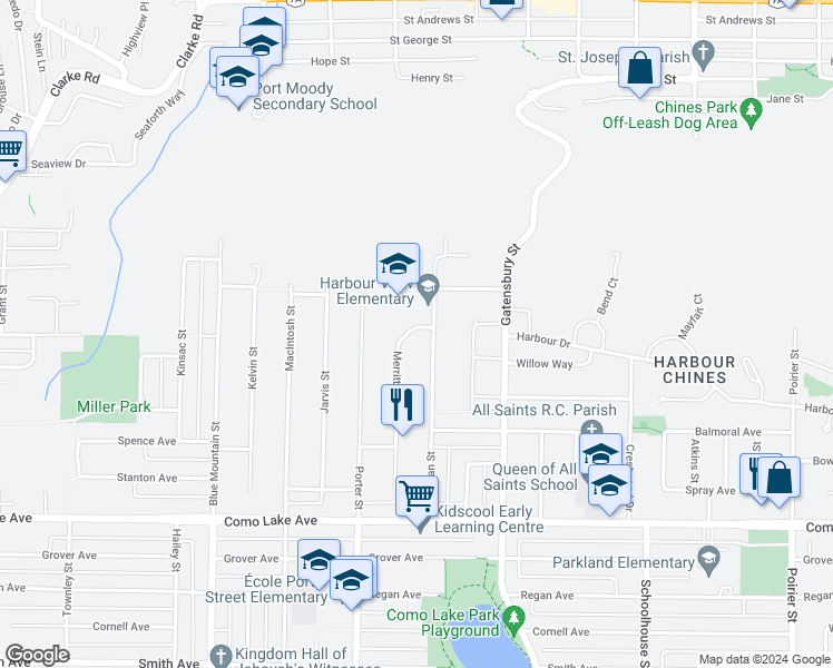 map of restaurants, bars, coffee shops, grocery stores, and more near 963 Merritt Street in Coquitlam
