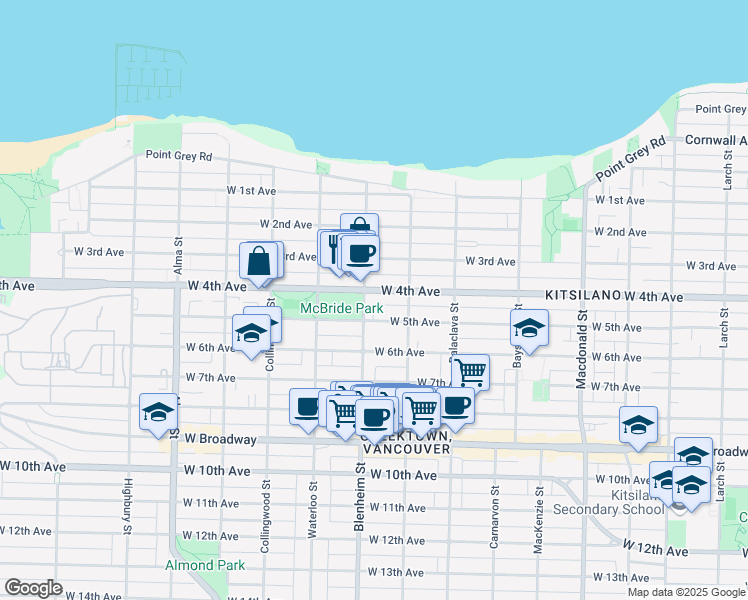 map of restaurants, bars, coffee shops, grocery stores, and more near 3290 West 4th Avenue in Vancouver
