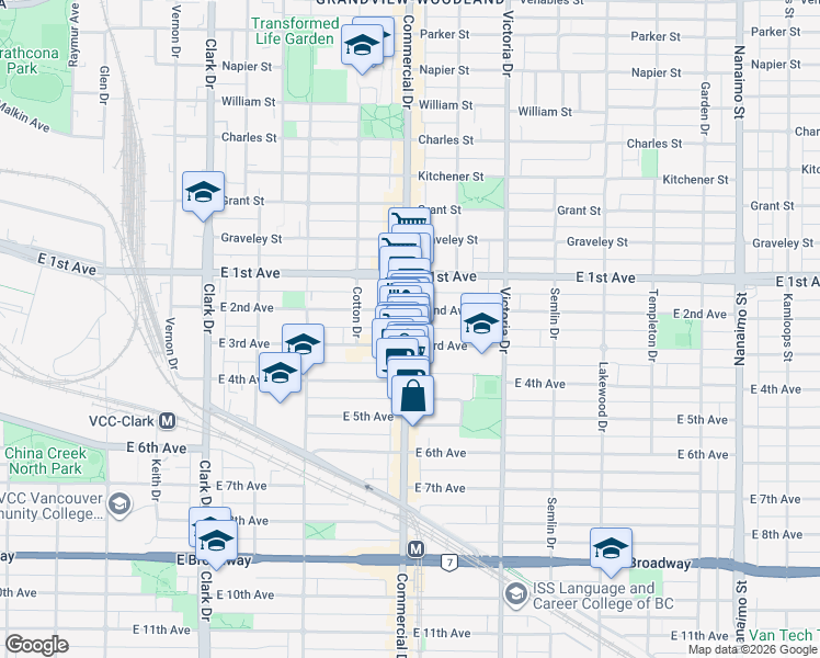 map of restaurants, bars, coffee shops, grocery stores, and more near 1828 Commercial Drive in Vancouver