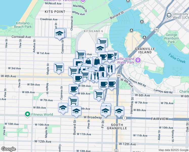 map of restaurants, bars, coffee shops, grocery stores, and more near 1655 West 4th Avenue in Vancouver