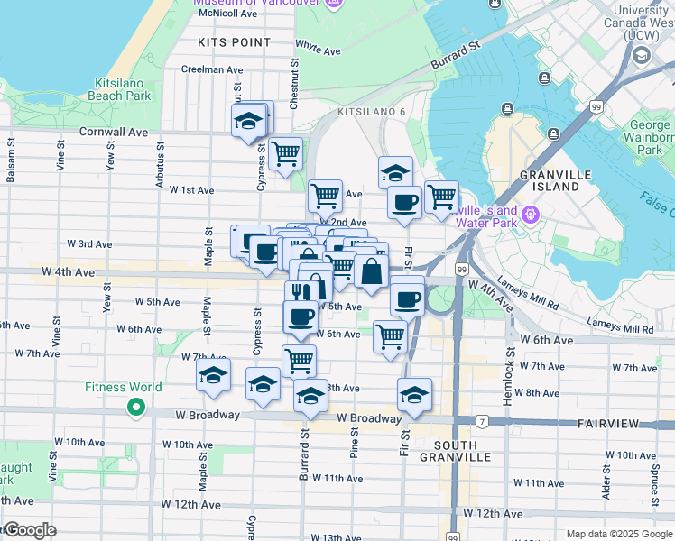 map of restaurants, bars, coffee shops, grocery stores, and more near 1766 West 4th Avenue in Vancouver