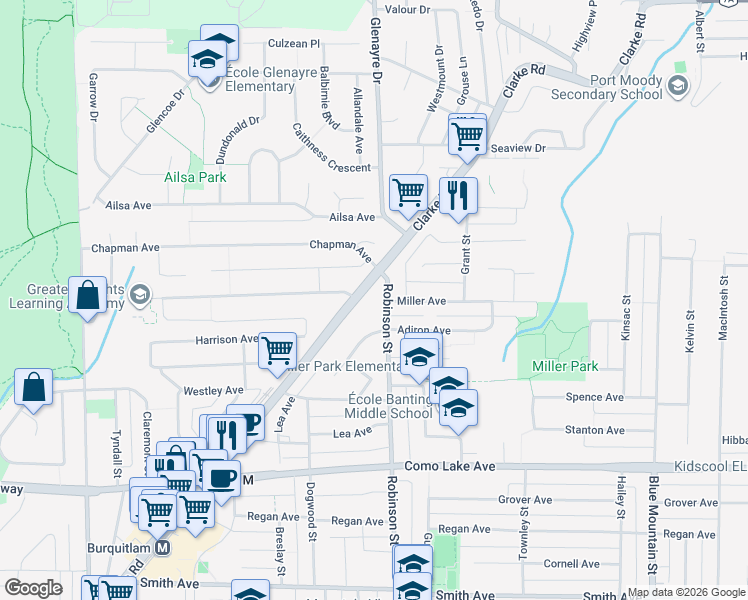 map of restaurants, bars, coffee shops, grocery stores, and more near 932 Robinson Street in Coquitlam