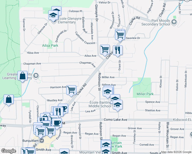 map of restaurants, bars, coffee shops, grocery stores, and more near 932 Robinson Street in Coquitlam