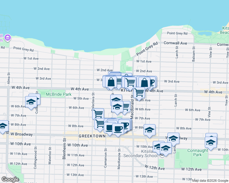 map of restaurants, bars, coffee shops, grocery stores, and more near 2948 West 4th Avenue in Vancouver