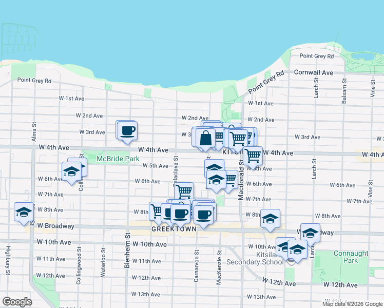 map of restaurants, bars, coffee shops, grocery stores, and more near 3020 West 5th Avenue in Vancouver