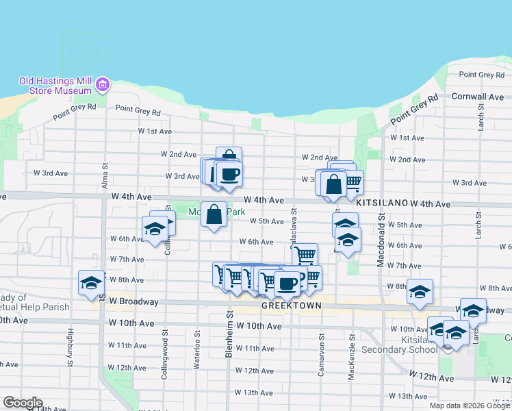 map of restaurants, bars, coffee shops, grocery stores, and more near 3220 West 4th Avenue in Vancouver