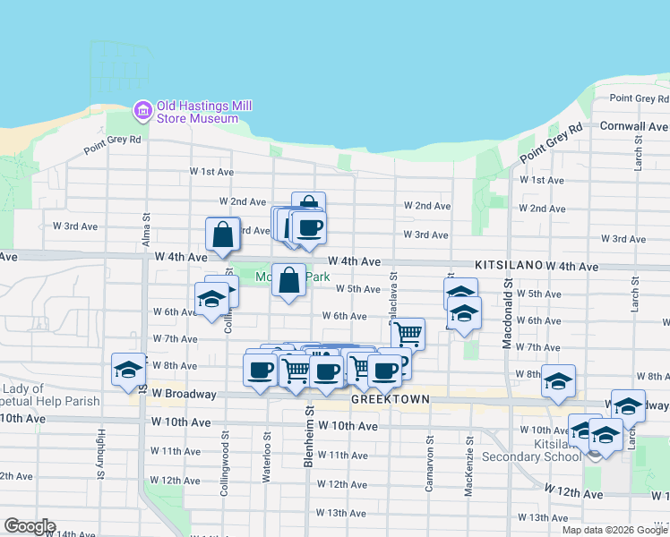 map of restaurants, bars, coffee shops, grocery stores, and more near 3250 West 4th Avenue in Vancouver