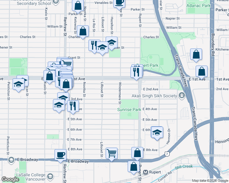 map of restaurants, bars, coffee shops, grocery stores, and more near 3172 East 2nd Avenue in Vancouver