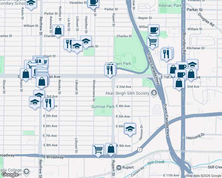 map of restaurants, bars, coffee shops, grocery stores, and more near 3298 East 2nd Avenue in Vancouver