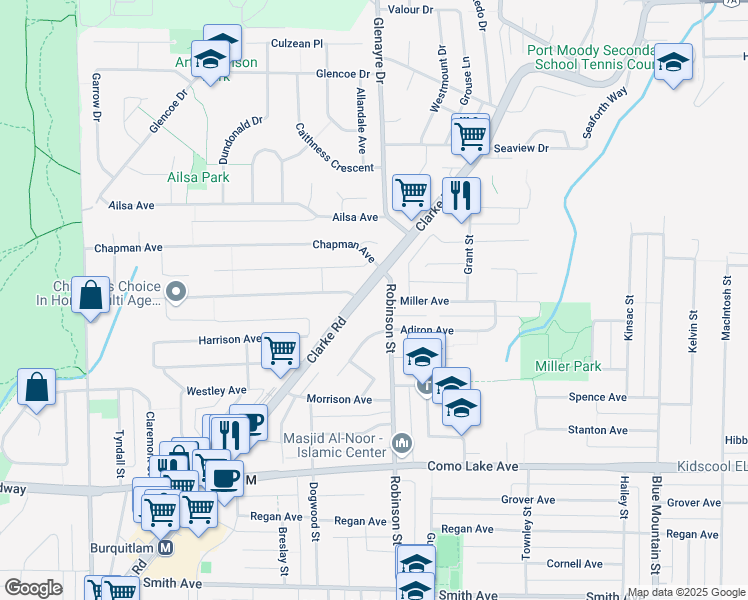map of restaurants, bars, coffee shops, grocery stores, and more near 932 Robinson Street in Coquitlam
