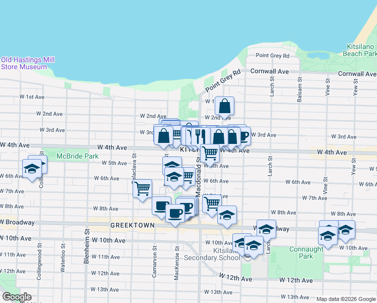 map of restaurants, bars, coffee shops, grocery stores, and more near 2850 West 3rd Avenue in Vancouver