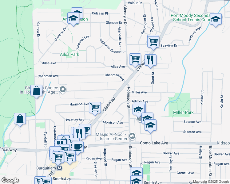 map of restaurants, bars, coffee shops, grocery stores, and more near 680 Thompson Avenue in Coquitlam