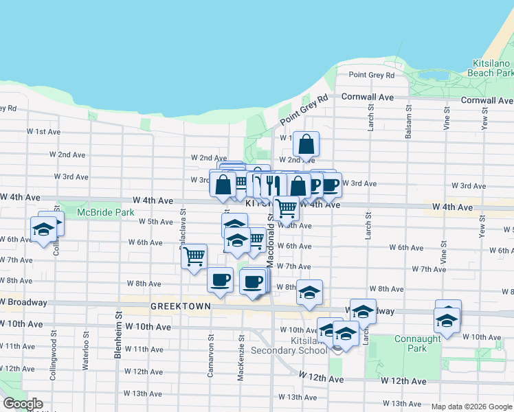 map of restaurants, bars, coffee shops, grocery stores, and more near 2858 West 4th Avenue in Vancouver
