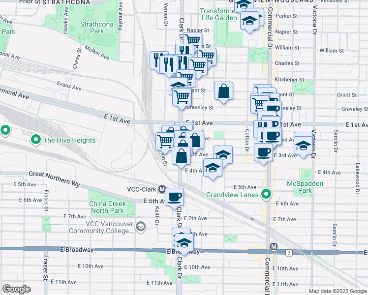 map of restaurants, bars, coffee shops, grocery stores, and more near 1840 Clark Drive in Vancouver