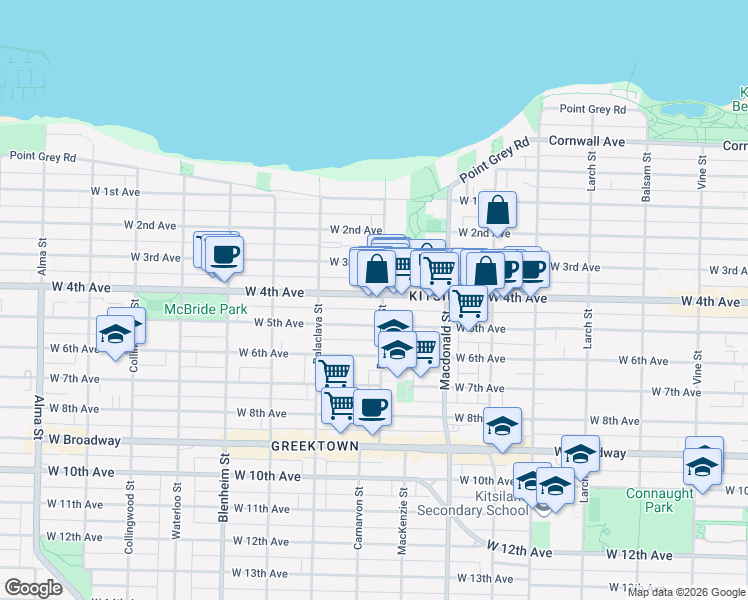 map of restaurants, bars, coffee shops, grocery stores, and more near 2954 West 4th Avenue in Vancouver