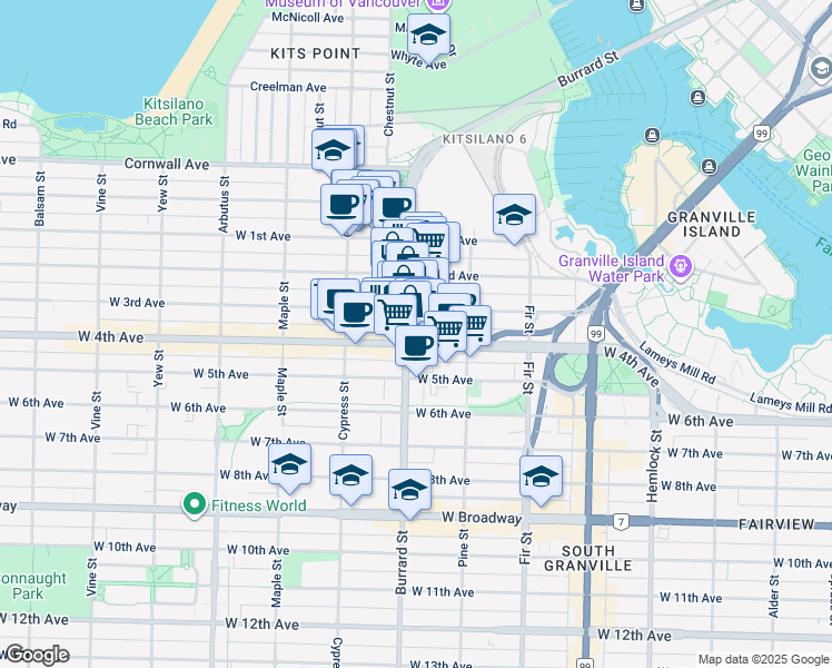 map of restaurants, bars, coffee shops, grocery stores, and more near 1770 West 3rd Avenue in Vancouver