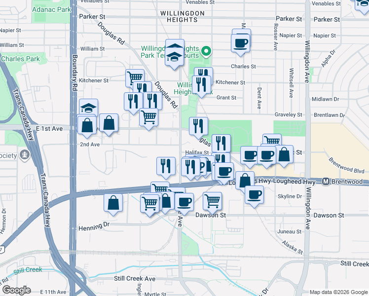 map of restaurants, bars, coffee shops, grocery stores, and more near 1788 Gilmore Avenue in Burnaby