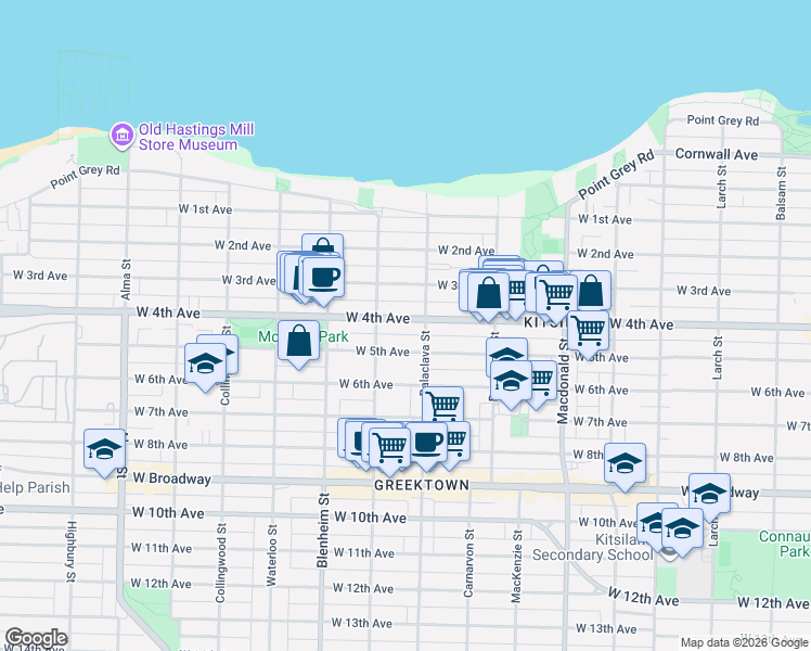 map of restaurants, bars, coffee shops, grocery stores, and more near in Vancouver