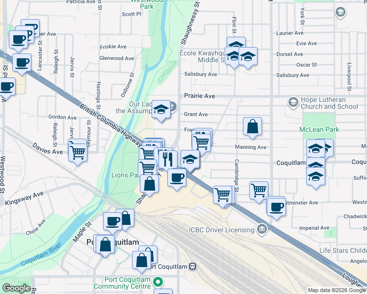 map of restaurants, bars, coffee shops, grocery stores, and more near 3050 Chester Street in Port Coquitlam