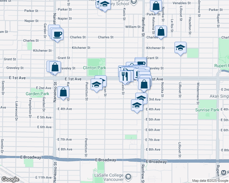 map of restaurants, bars, coffee shops, grocery stores, and more near 2740 East 2nd Avenue in Vancouver