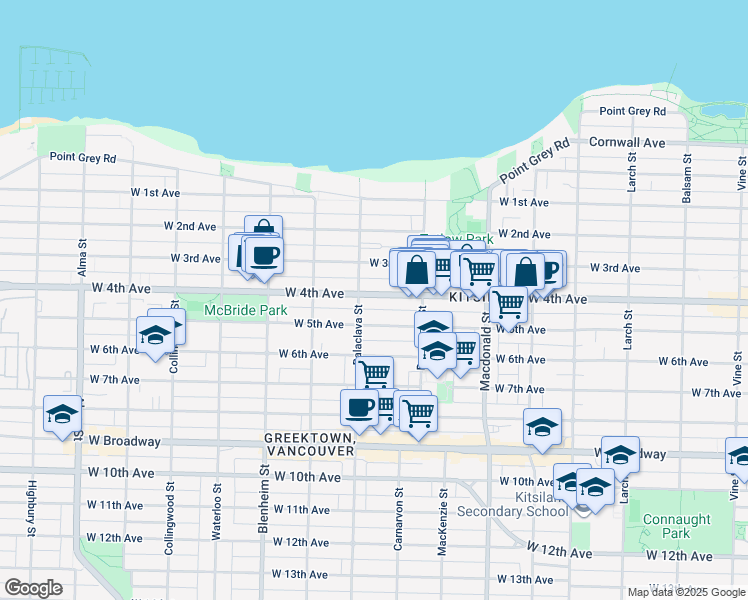 map of restaurants, bars, coffee shops, grocery stores, and more near 3068 West 4th Avenue in Vancouver
