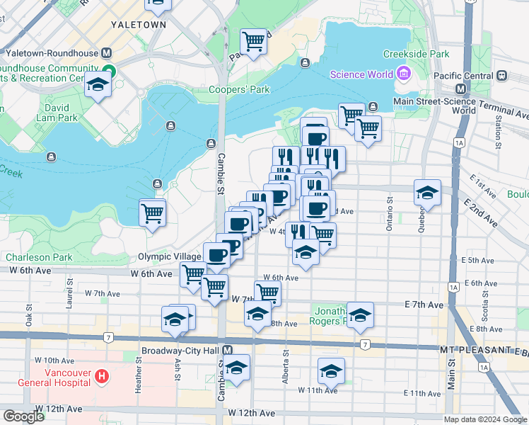 map of restaurants, bars, coffee shops, grocery stores, and more near 1887 Crowe Street in Vancouver