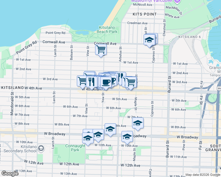 map of restaurants, bars, coffee shops, grocery stores, and more near 2155 West 4th Avenue in Vancouver