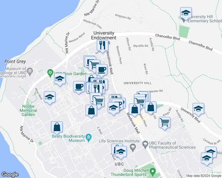 map of restaurants, bars, coffee shops, grocery stores, and more near 401 Wesbrook Mall in Vancouver