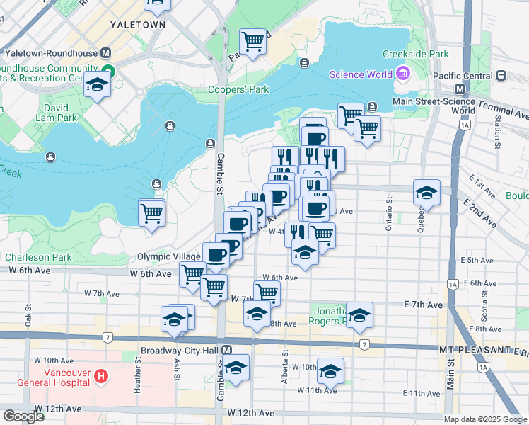 map of restaurants, bars, coffee shops, grocery stores, and more near 1887 Crowe Street in Vancouver