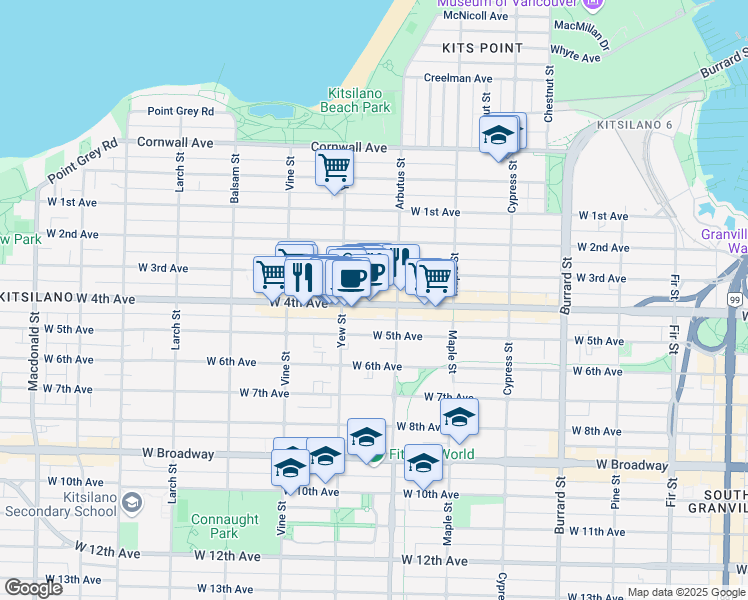 map of restaurants, bars, coffee shops, grocery stores, and more near 2139 West 4th Avenue in Vancouver