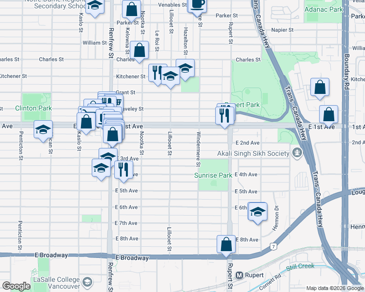map of restaurants, bars, coffee shops, grocery stores, and more near 3140 East 2nd Avenue in Vancouver