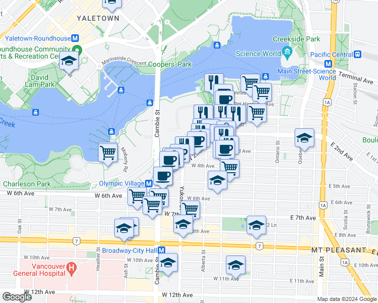 map of restaurants, bars, coffee shops, grocery stores, and more near in Vancouver