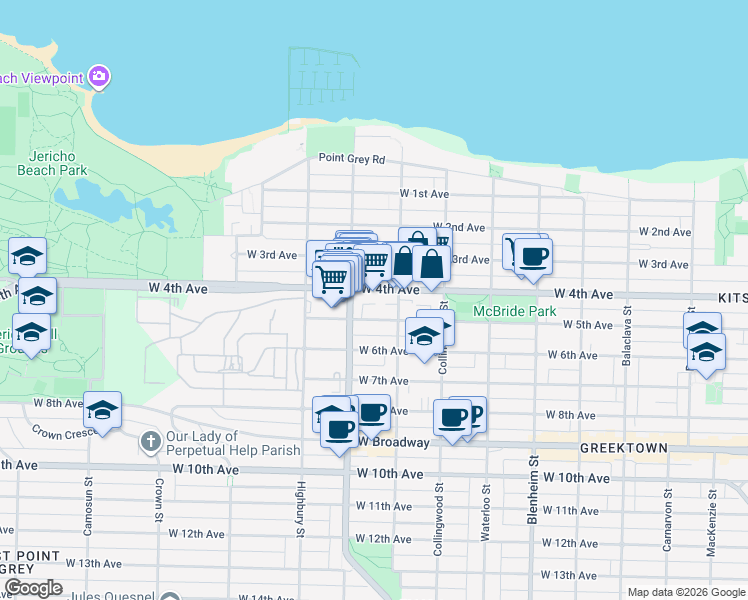 map of restaurants, bars, coffee shops, grocery stores, and more near in Vancouver
