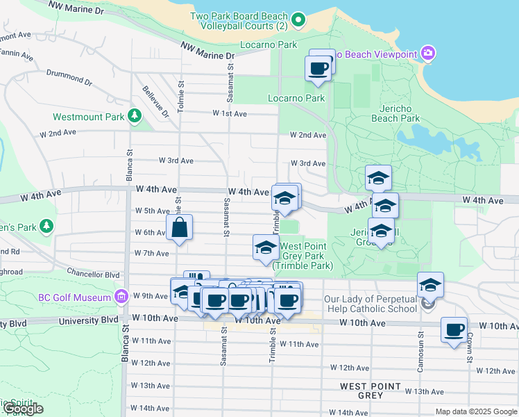 map of restaurants, bars, coffee shops, grocery stores, and more near 4427 West 5th Avenue in Vancouver