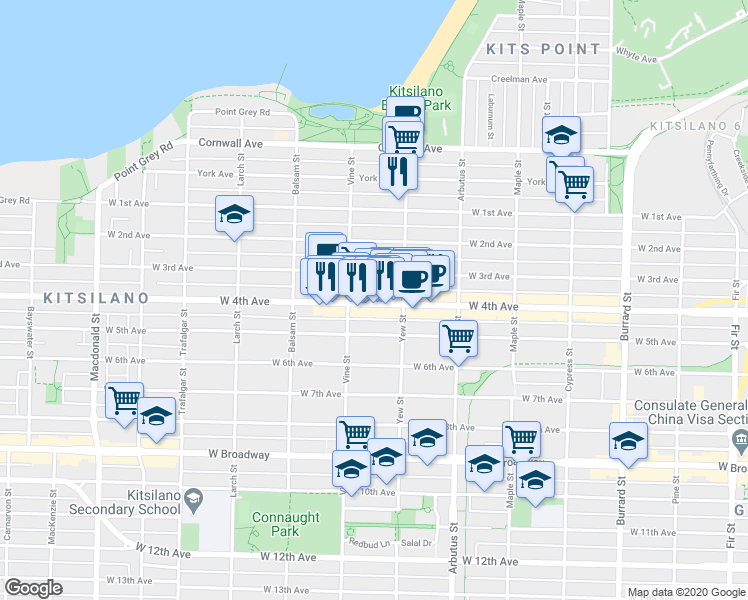 map of restaurants, bars, coffee shops, grocery stores, and more near 2255 West 4th Avenue in Vancouver