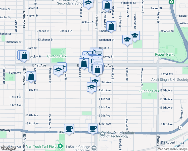 map of restaurants, bars, coffee shops, grocery stores, and more near 2888 East 2nd Avenue in Burnaby