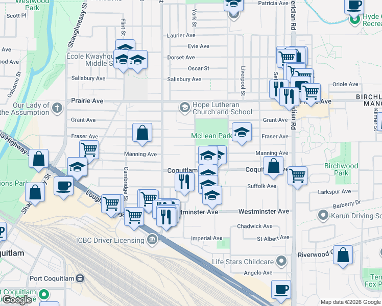 map of restaurants, bars, coffee shops, grocery stores, and more near 3055 York Street in Port Coquitlam