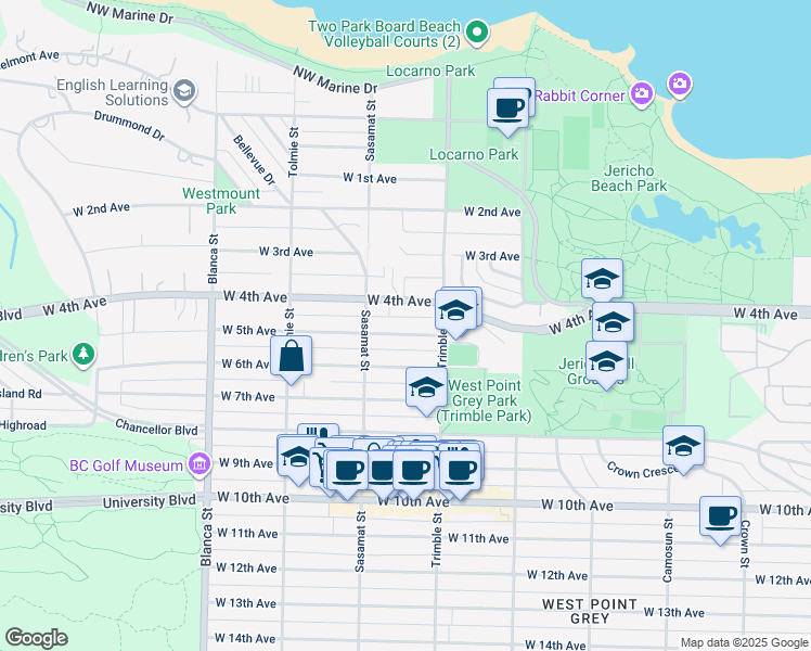 map of restaurants, bars, coffee shops, grocery stores, and more near 4435 West 5th Avenue in Vancouver