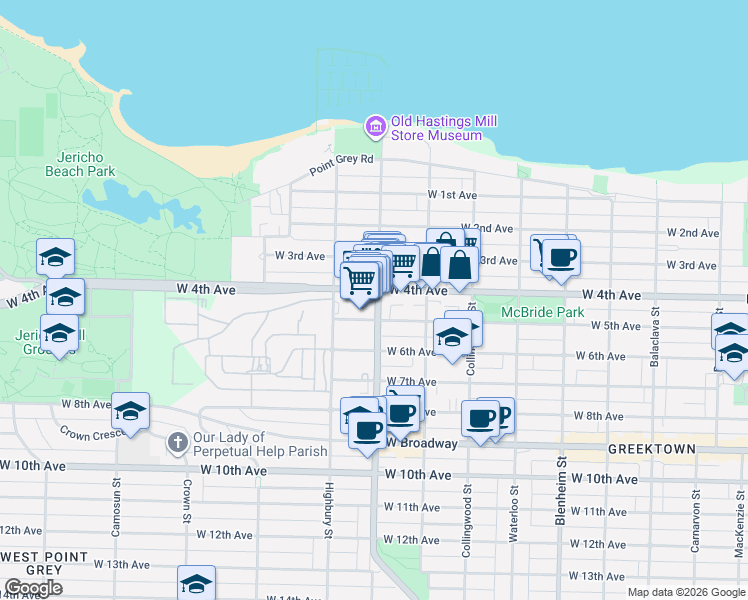 map of restaurants, bars, coffee shops, grocery stores, and more near 2083 Alma Street in Vancouver