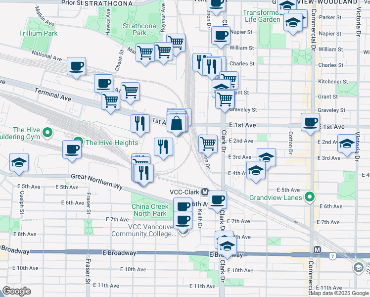 map of restaurants, bars, coffee shops, grocery stores, and more near 1902 Glen Drive in Vancouver