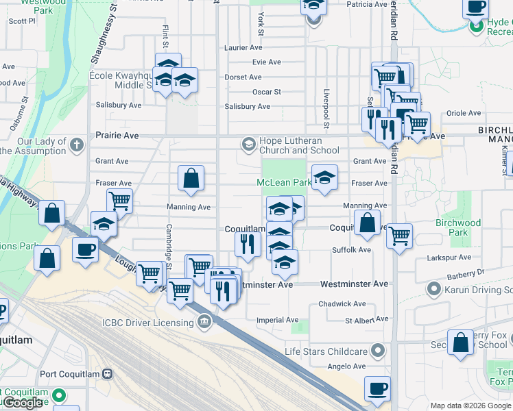 map of restaurants, bars, coffee shops, grocery stores, and more near 3055 York Street in Port Coquitlam