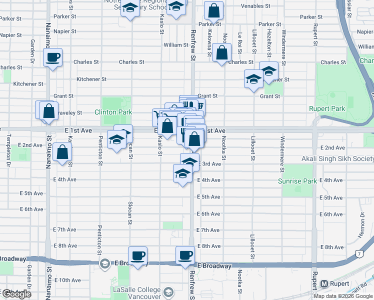 map of restaurants, bars, coffee shops, grocery stores, and more near 2888 East 2nd Avenue in Vancouver