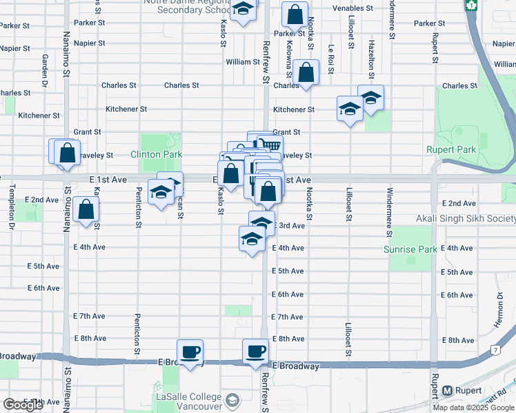 map of restaurants, bars, coffee shops, grocery stores, and more near 2888 East 2nd Avenue in Vancouver